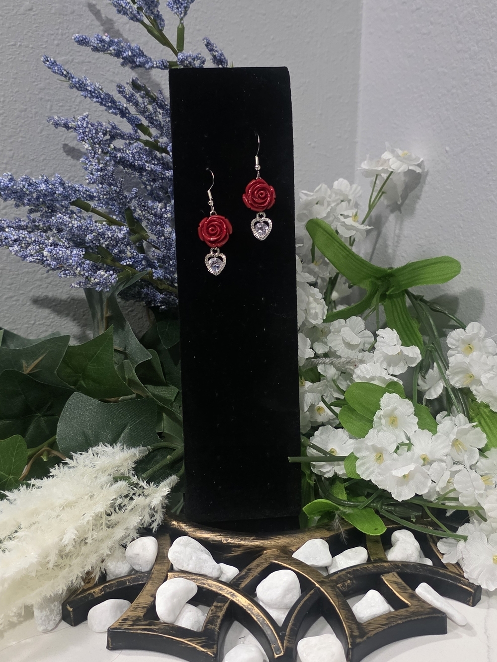 Hand Crafted Red Rose And Cubic Zirconia Earrings